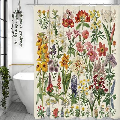 Winylowa Zasłona Prysznicowa w Stylu Vintage z Motywem Botanicznego Druku Kwiatowego, Dekoracyjna Zasłona Prysznicowa do Łazienki, Wodoodporna Zasłona Prysznicowa z Haczykami