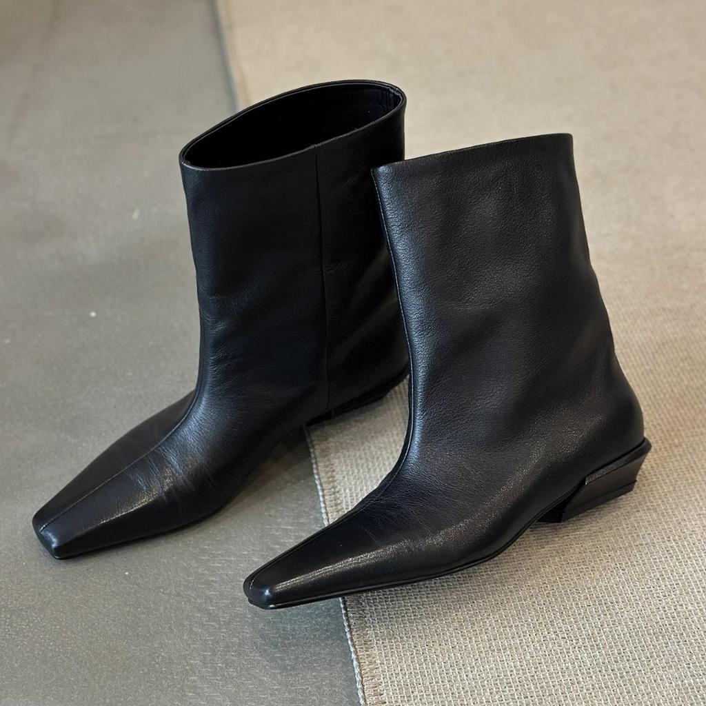 Cowhide Version~ Korean Version of Thin and Versatile Square Head Thick Heel Martin Boots Sleeve Thin Boots Short Boots Women's Chelsea Boots