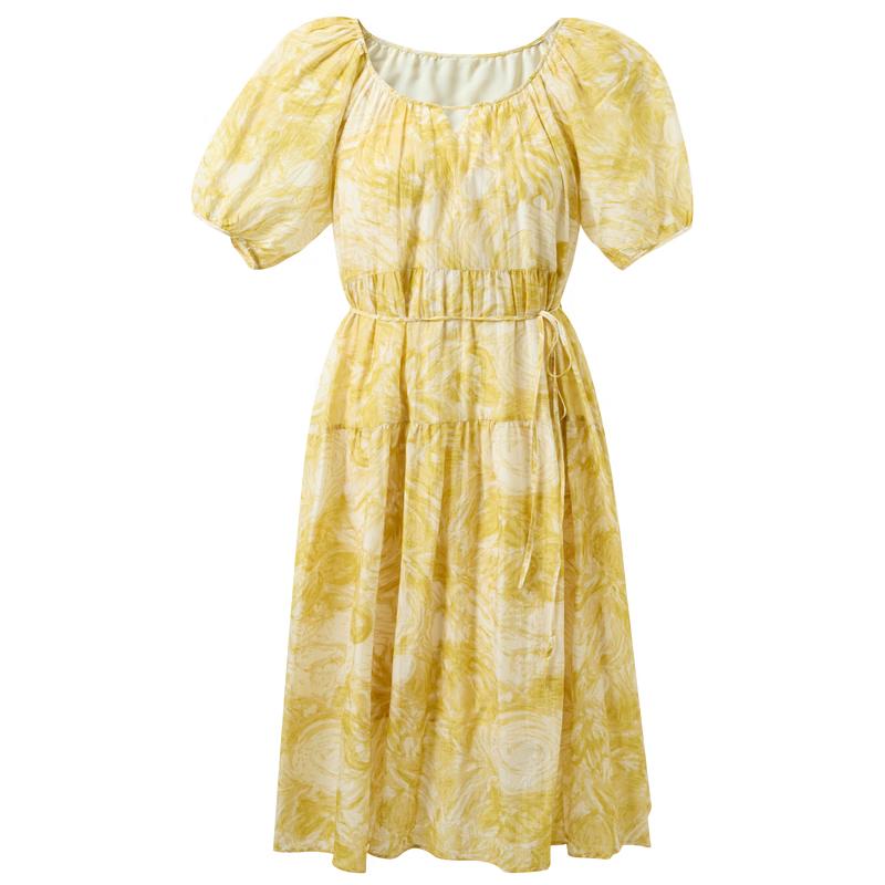 Sancai 2026 Summer Short Sleeve Printed Round Neck A-line Maxi Dress S