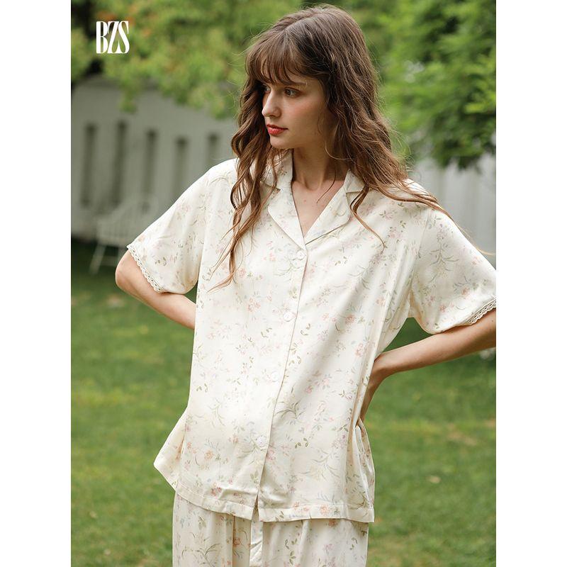 2024 Outer Wear Pajamas Women Summer Thin Short sleeve Top Trousers Satin Bourette Floral Homewear Two-piece Set