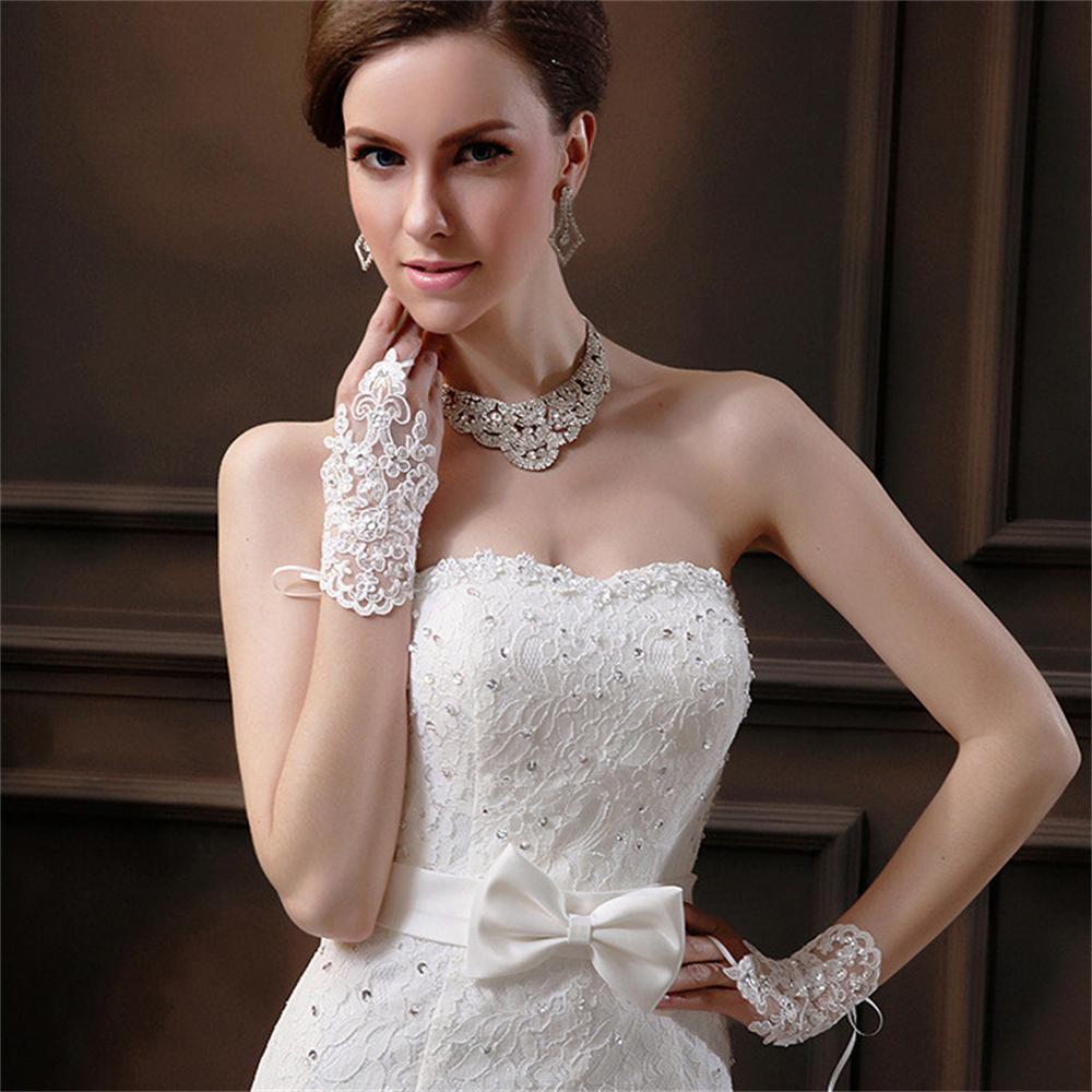 1 pair Women' Wedding Lace Gloves Bridal Fingerless Tulle Gloves Crystal Sequins Wrist Cuffs White Hook Finger Gloves