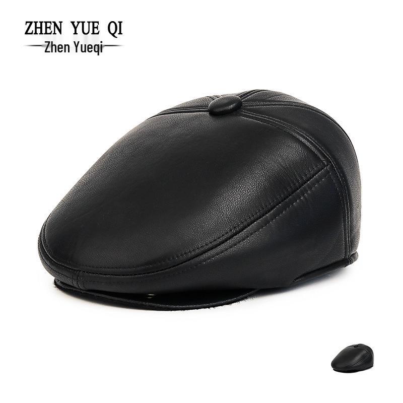 Men's Autumn-Winter Velvet-Lined PU Duckbill Cap with Ear Protection for Elderly