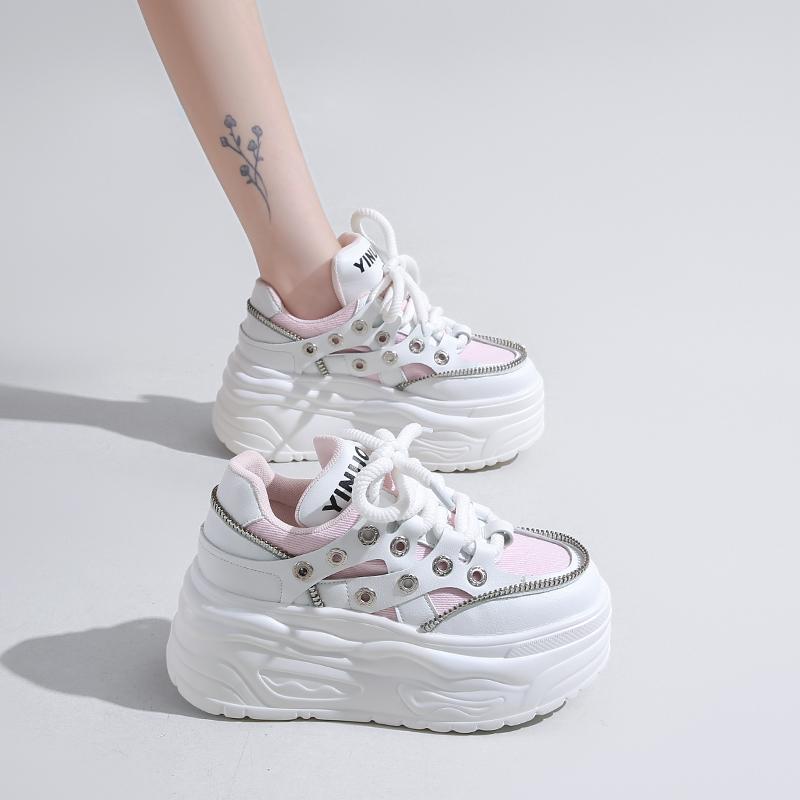 Fashion 2025 New 8CM Fashion Autumn Women Vulcanized Platform Wedge High Heels Lace Up Breathable Casual Comfortable Skateboard Shoes