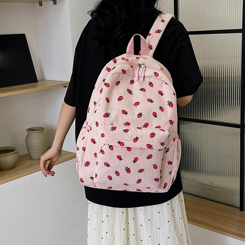 Cord Rucksack mit Erdbeermuster Lässiger Reiserucksack Große Kapazität Mode Teenager Tagesrucksack Verstellbarer Riemen für Outdoor-Reisen AVE