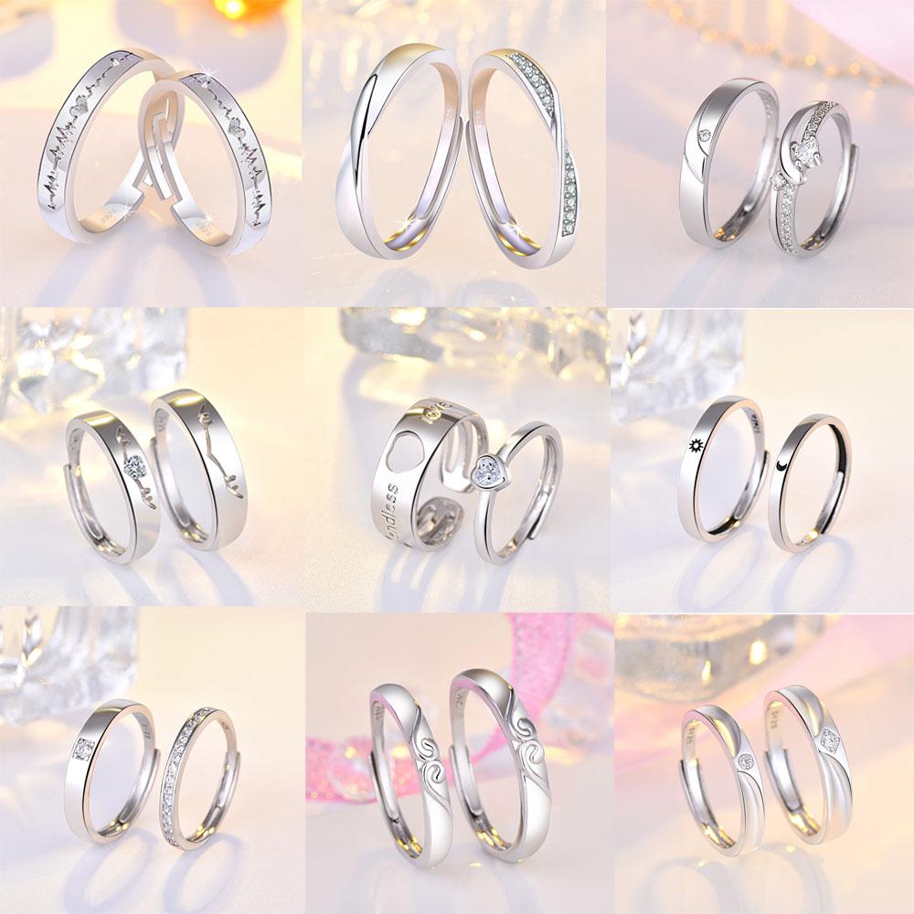 2PCS 925 Sterling Silver Ring Adjustable Open Couple Engagement Rings for Women Men Wedding Ring Party Fashion Jewelry Gift