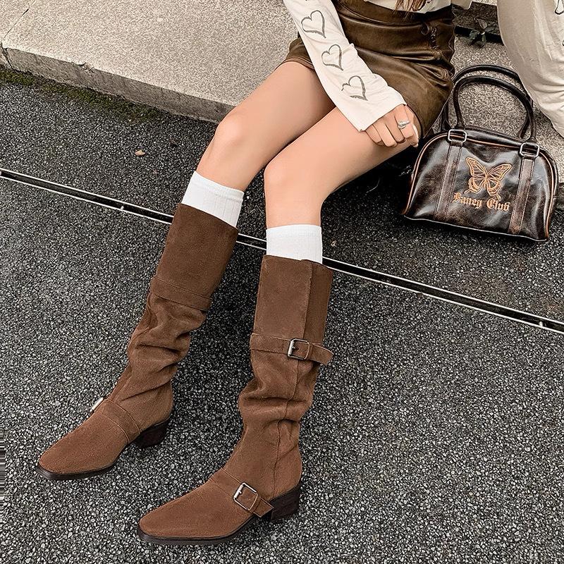 Coarse Heel Western Cowboy Boots Slim Belt Buckle But Knee Maillard Knight Boots Women's Winter 2025 New Stacking Boots