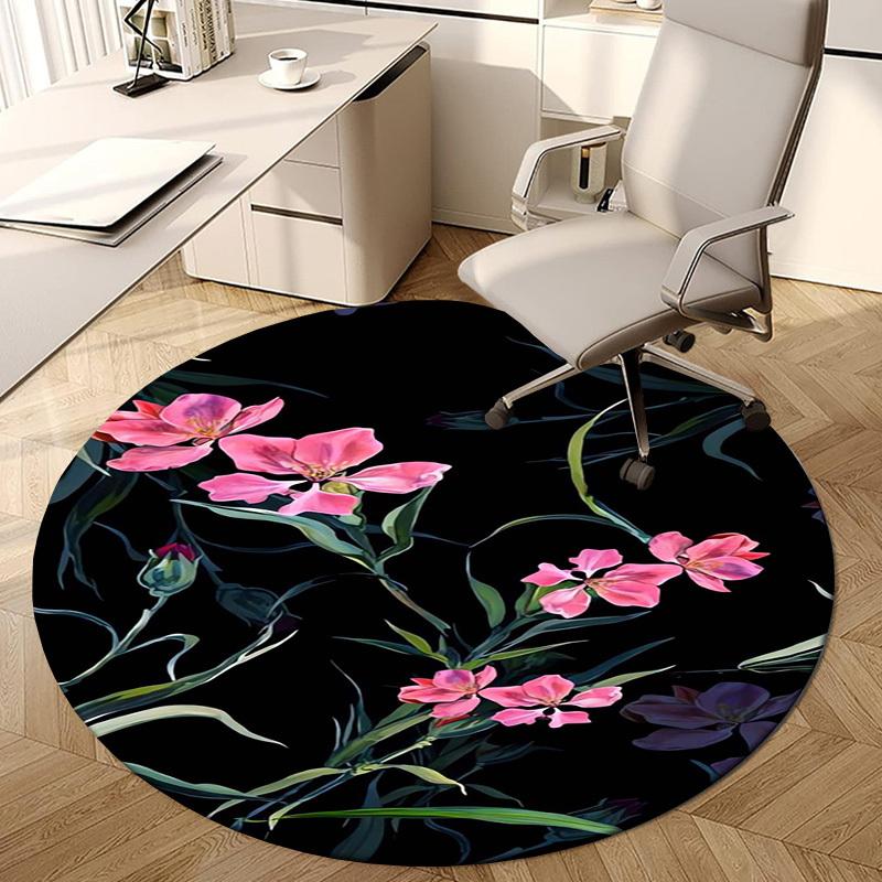 1pc Office Carpet Chair Mats Pink Flowers On Black Background Perfect for Decorating Office Chairss, Or Bedrooms.YDT495
