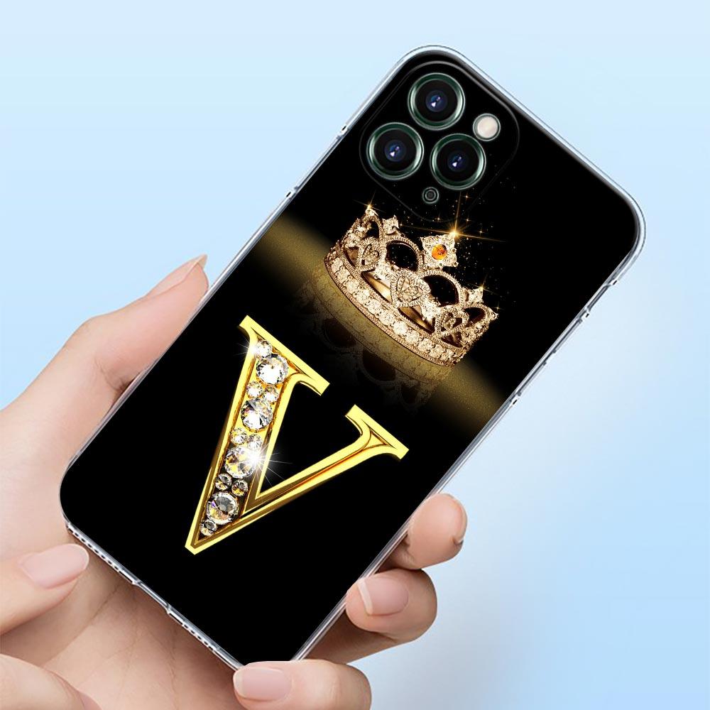 Diamond Crown First Initials Letter N T Z Shell Case for iPhone 15 16 11 12 13 14 Pro Max Mini 16 Plus Transparent Cover Fundas