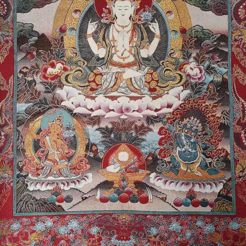 36" Tibet Tibetan Cloth Silk 4 Arm Guanyin Kwan-Yin Tangka Thangka Mural