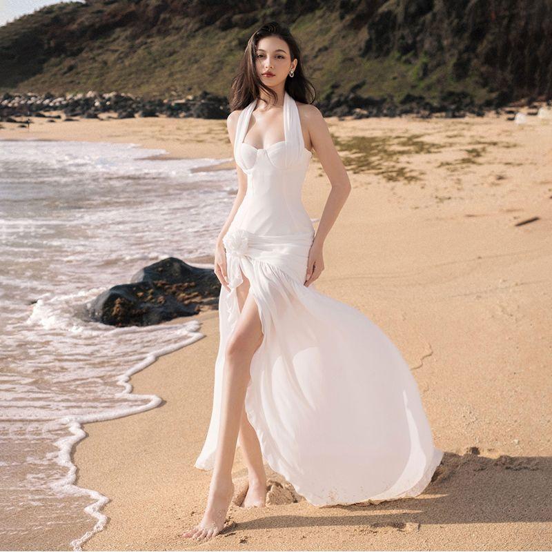 

# Sisjuly# Seine River Elegant French style Holiday Style Fairy Flying Hanging Neck Suspender Dress Fairy Dress White L