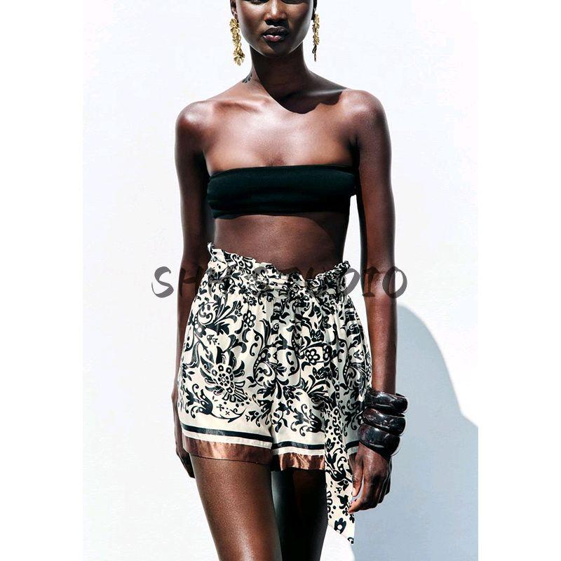 Summer Women's Clothing Ruched Decorative High Waist Silk Satin Texture Calico Paper Bag Casual Shorts 1165040