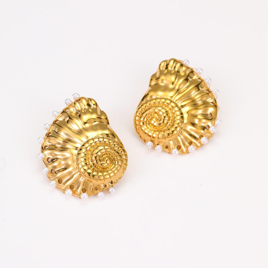 GEMCHIC Women's Gold Shell Earrings Vintage Pearl Studs Beach Vacation Jewelry Stainless Steel Statement Accessories