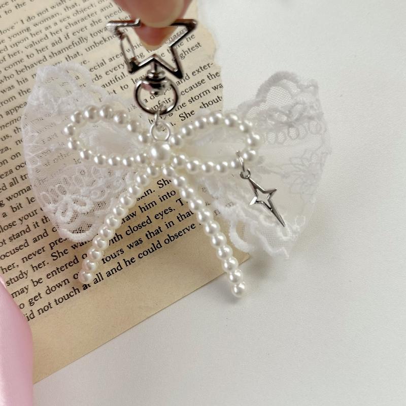 Bead Bow Lace Pearl Keychain INS Style Creative Pendant for Women Purse Handbag Lovely Gift