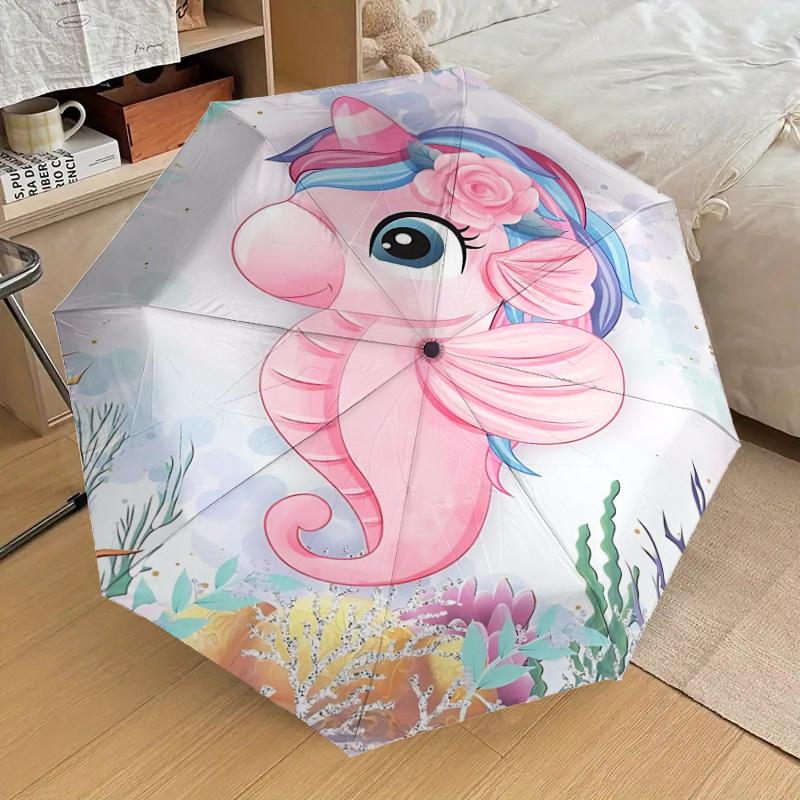 1PC Seahorse, Ocean Umbrella-8-Rib Reinforced Portable Folding Travel Suitable for All Seasons Outdoor Daily Use-Z0476