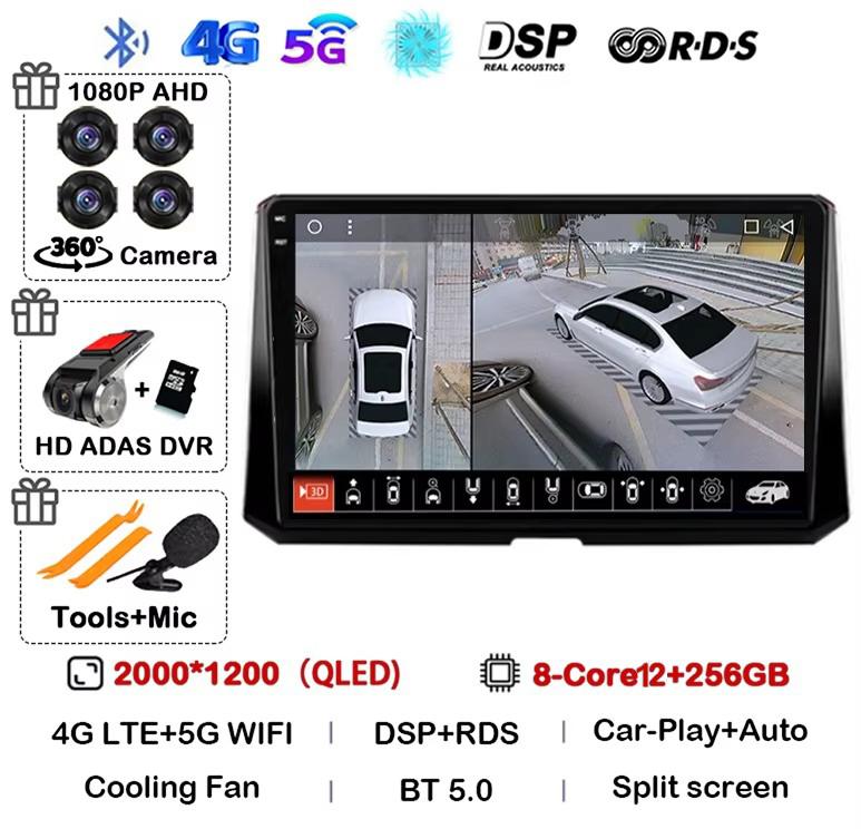 Android 14 Carplay Auto For Toyota Corolla 12 2019 2020 2021 2022 Car Radio Multimedia Player Stereo 4G Wifi GPS 360 Camera QLED
