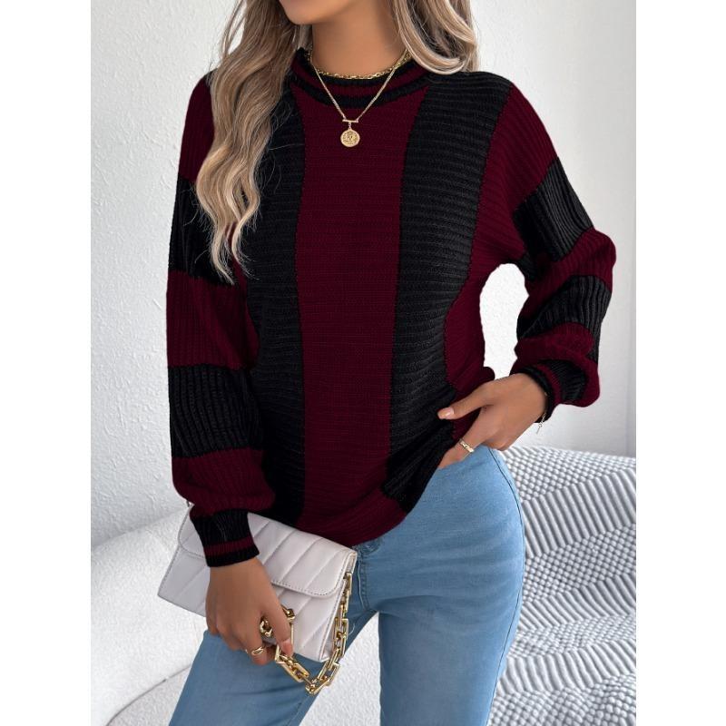 Autumn and Winter Casual Color-blocking Striped Lantern Long-sleeved Pullover Sweater Women's Clothing
