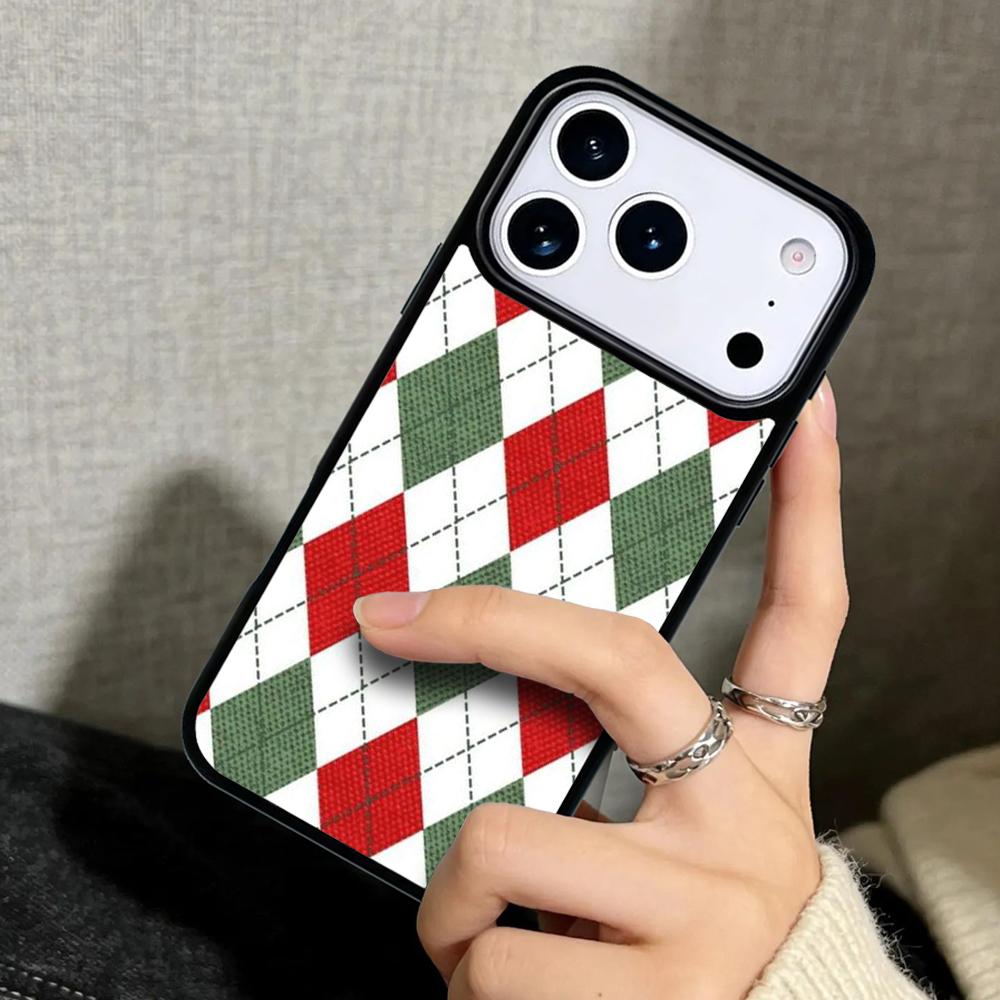 Capa Case for iPhone 17 Air 16 Pro Max 15 Plus 11 13 Mini 14 12 Back Phone Cover Red And Green Argyle Pattern
