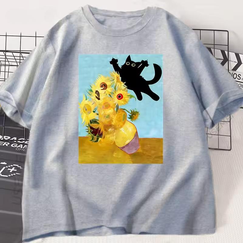 Vincent Van Gogh Cat T-shirt Women Sunflowers Print Tshirt Funny Cute Cat Kitten T Shirt Cotton Short Sleeve Clothes