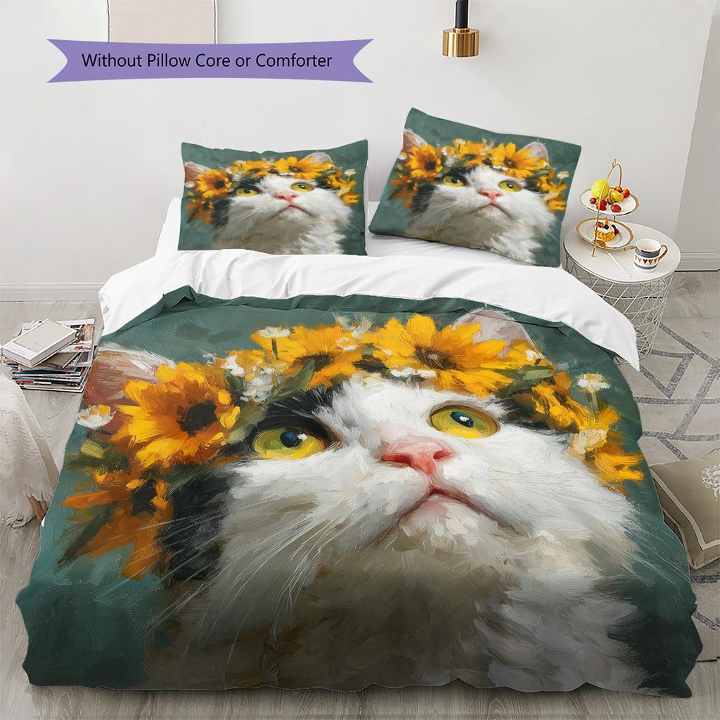 Tabby Cat Pattern Bedding Quilt Set Quilt Cover Pillowcase Home Decoration Gift (1 * Duvet Cover + 2 * Pillowcase, Without Core)