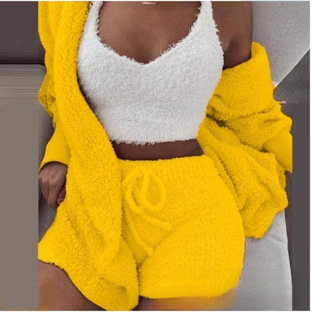 Women's Loose Fit Three Piece Loungewear Long Sleeve Fuzzy Cardigan V Neck Tank Drawstring Waist Shorts Winter Solid Tracksuit