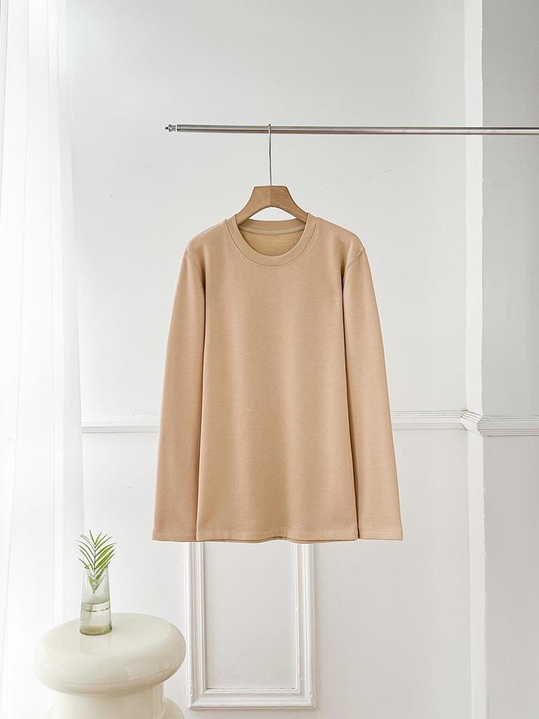 Women's Fleece-Lined Long-Sleeve Base Layer T-Shirt: Brushed, Thick, Plain, Loose Fit for Autumn/Winter 2025.