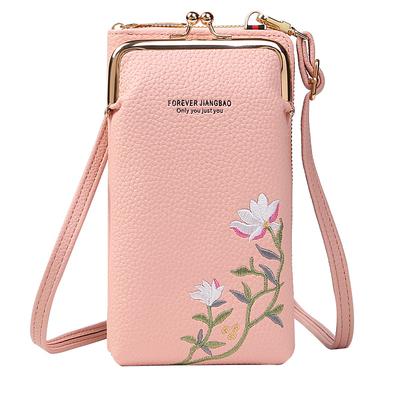 Bolsa longa bordada feminina para celular, alças de ombro femininas, bolsa crossbody, carteira feminina, porta-moedas