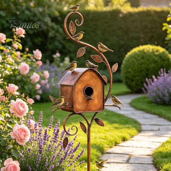 Garden Decoration Stake Metal Bird House Stakes, Feeder Decor, Weatherproof Patio Lawn Ornament Iron Art Decor for Outdoor Yard Flower Bed Perch