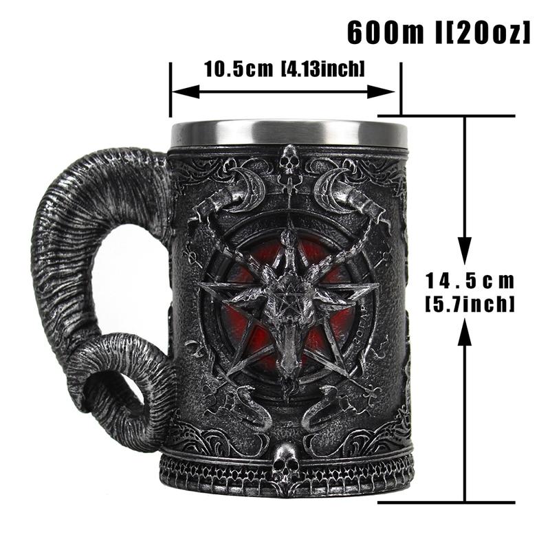 Baphomet Mug Tankard Stainless Steel Resin 3D Baphomet Pentagram Sabbatic Gothic Wicca Pagan Horn Beer Tankard Cup Mugs 600ml
