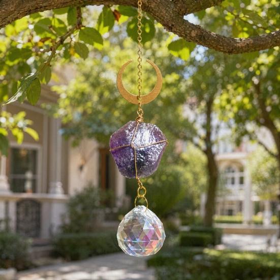 Crystal Sun Catchers for Windows, Colorful Healing Light Crystal Suncatcher, Prism Crystal Hanging Pendant with Chains, Gold-Plated Wind Chimes,
