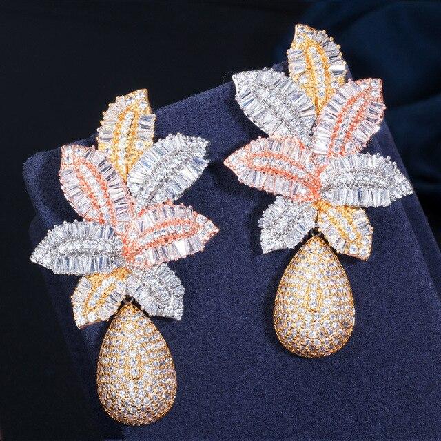 925 Silver Needle Atmospheric Ladder Square Cubic Zirconia Tricolor Electroplating Earrings for Women Tropical Pineapple Earring