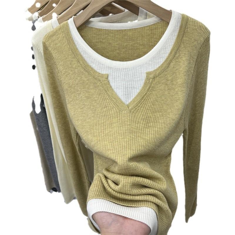 Contrasting Color Splicing Fake Two-piece Pit Strip Long-sleeved Knitted Sweater Women's Autumn and Winter New Slim-fitting Inner Bottoming Shirt Top