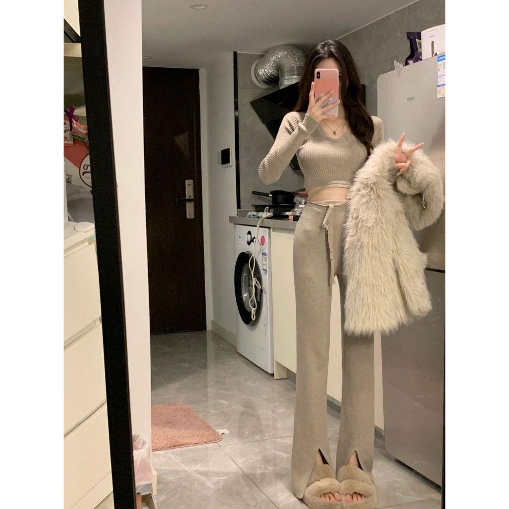 Petite Salt Style: Spicy Girl Knit Set – Autumn/Winter Two-Piece with Wide-Leg Pants