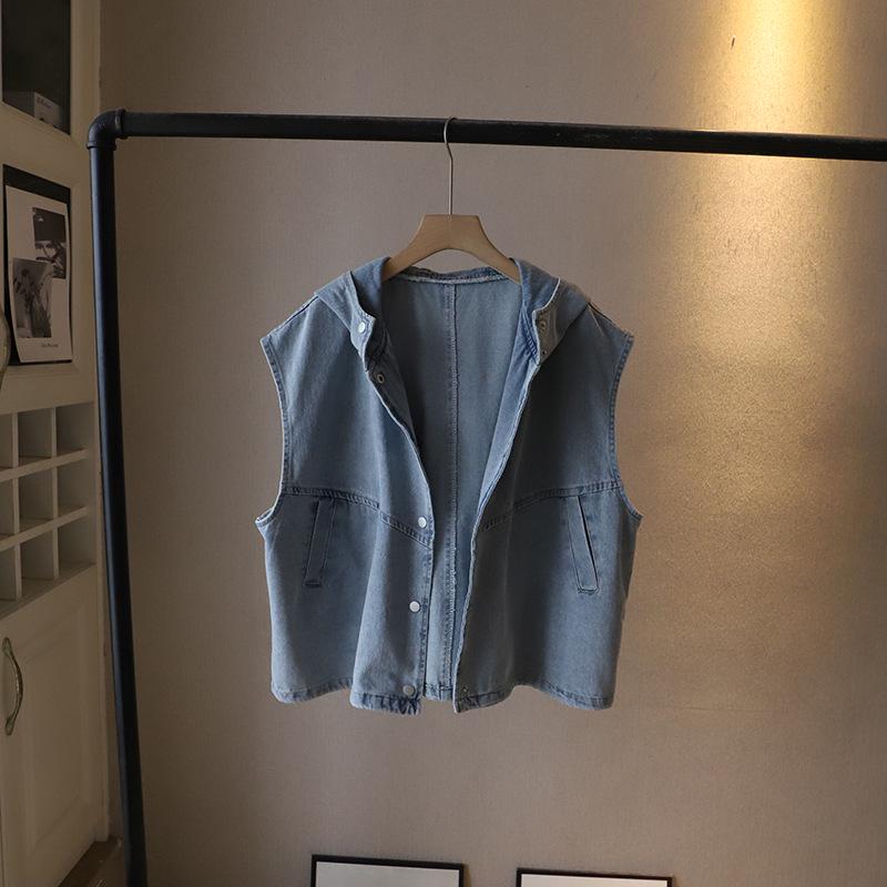 2025 Spring/Summer Women's Korean-Style Loose Casual Hooded Denim Vest Jacket