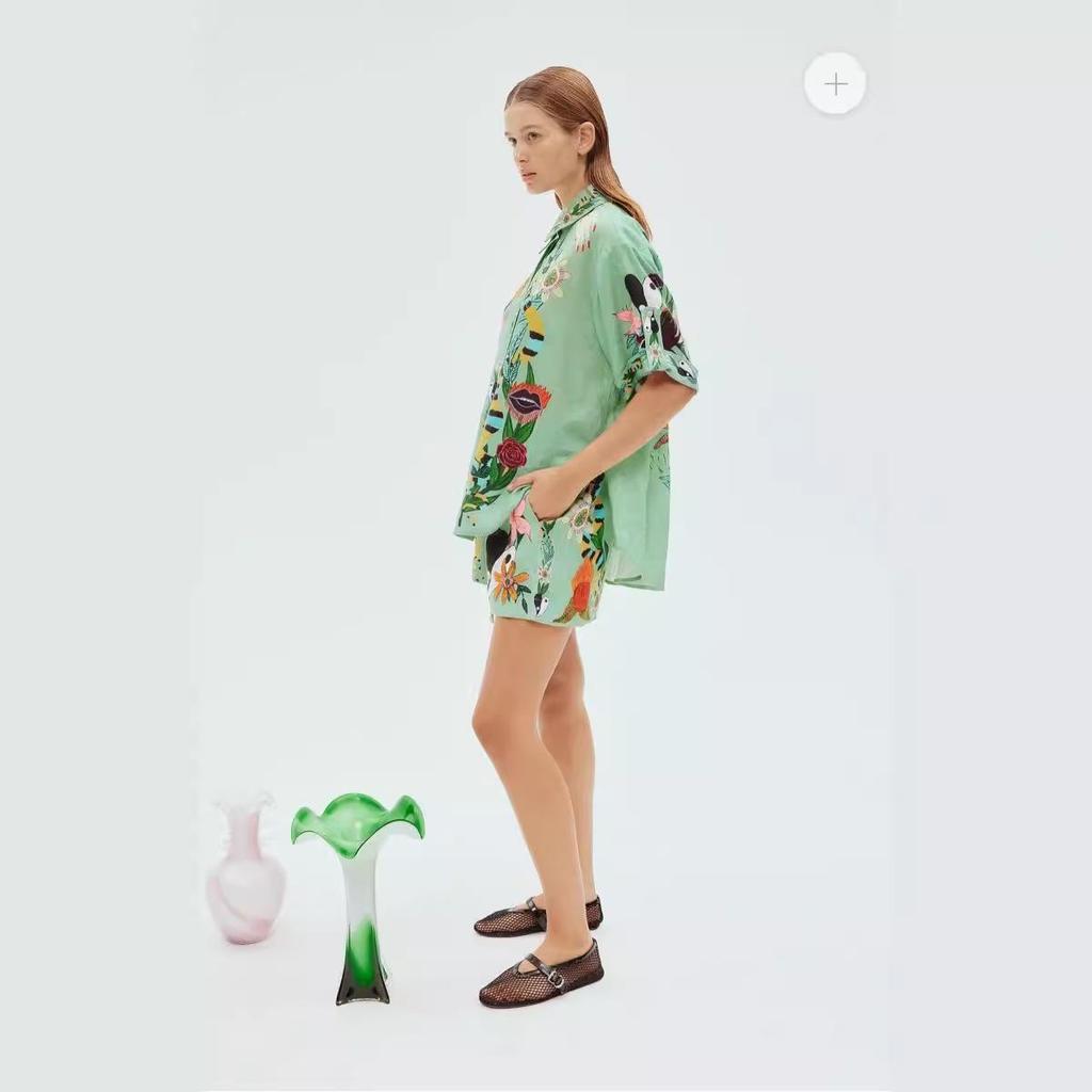 2023 New Casual European & American Two-Piece Set: Cotton & Linen Print Shirt + Shorts