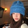 Blue knitted wool hat Children's winter big head circumference stacking hat Thickened cold hat Warm and cold-proof bag head hat