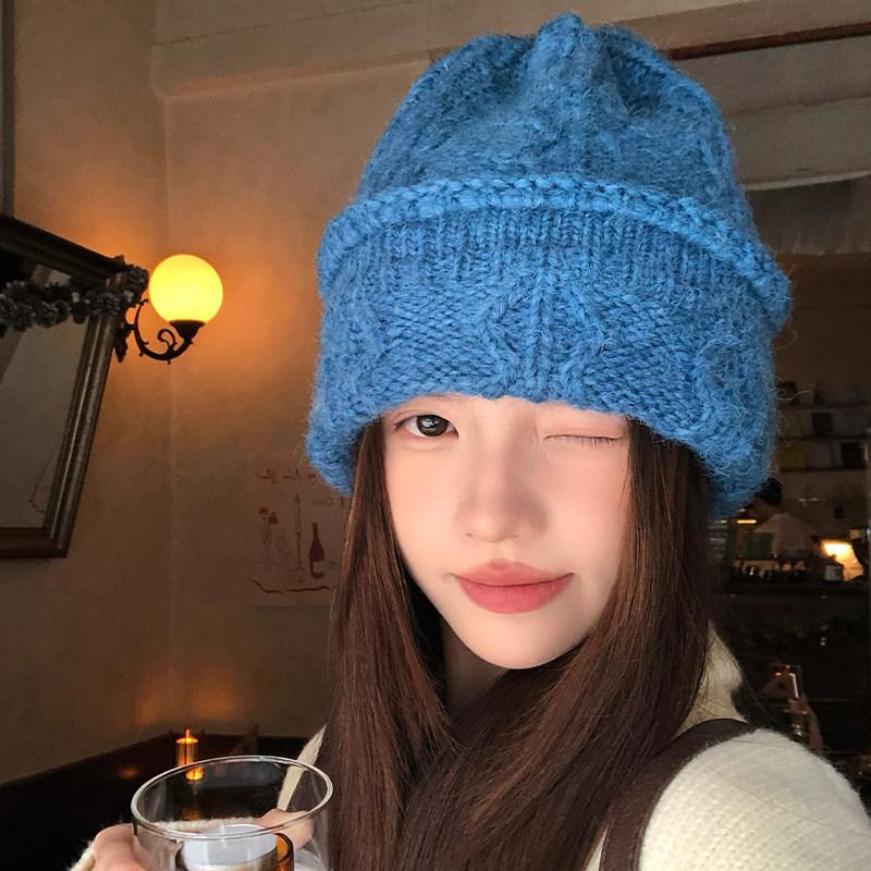 Blue knitted wool hat Children's winter big head circumference stacking hat Thickened cold hat Warm and cold-proof bag head hat