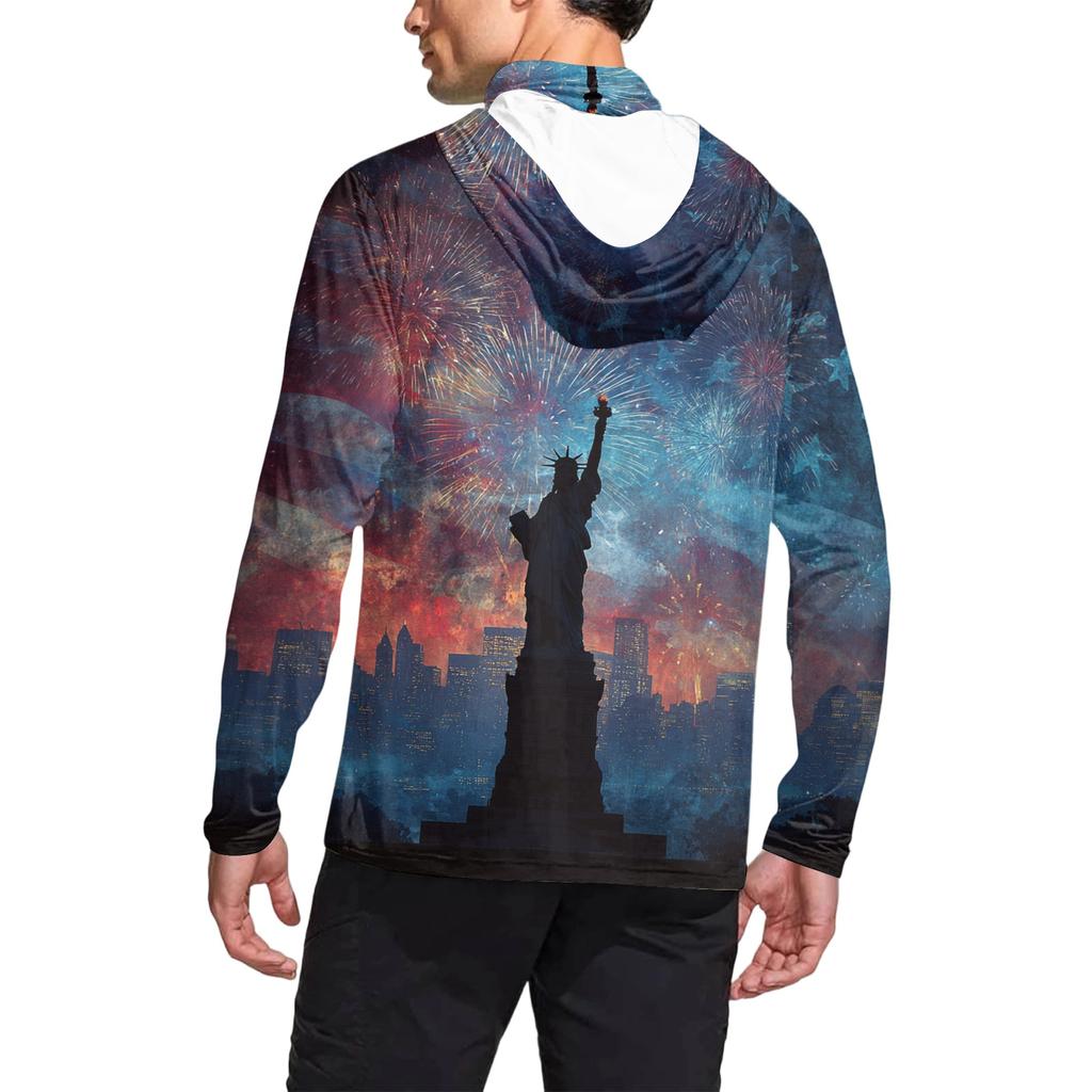 Men's Casual Independence Day Print Hooded Long Sleeve Sun Protection Shirt Lightweight Breathable Outdoor Pullover