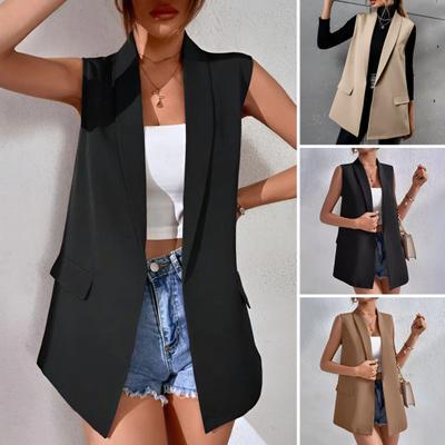 Women Suit Vest Lapel Sleeveless Flap Pockets Mid-length Suit Coat Solid Color Open
