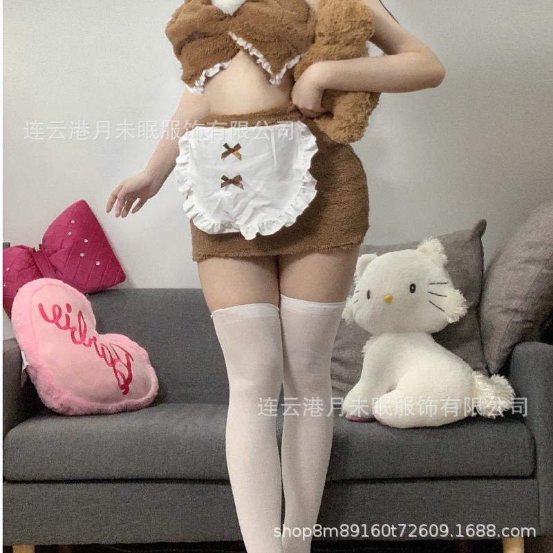 Processing erotic underwear hollow love chest sexy cat ear plush female split leaking navel uniform