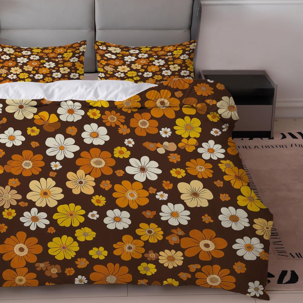 3Pcs Retro Floral Duvet Cover Set,Brown Orange Flower Print Polyester Bedding With Pillowcases,Machine Washable All Season
