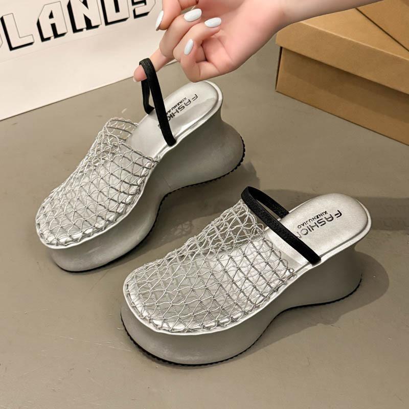 2025 summer new design mesh hollow breathable bag head half slippers women's thick bottom Roman muffin cool slippers