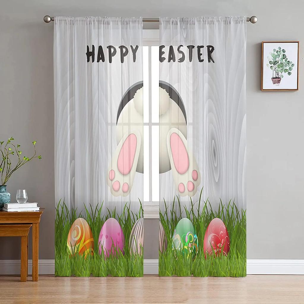 Easter Bunny Tail Wood Curtain Colorful Eggs Happy Transparent Voile Curtains Living Dining Room Bedroom Drapes Light Filtering For Sleeping Area