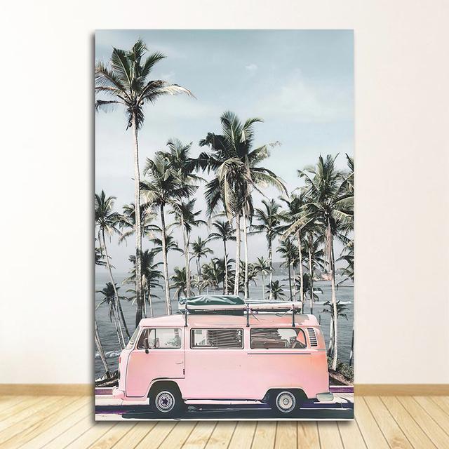 Painting Decoration Picture Scandinavian Home Decor Ocean Landscape Canvas Poster Nordic Style Beach Pink Bus Wall Art Print