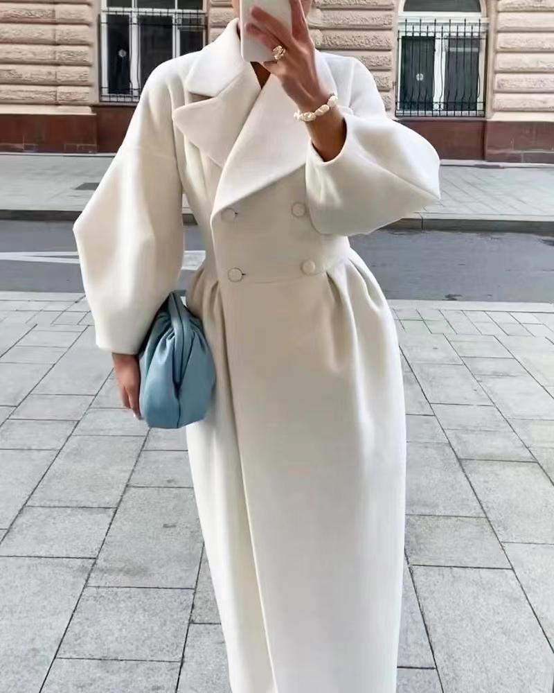 Женское элегантное длинное двубортное макси-пальто с oversized воротником, однотонное, зимнее S белый