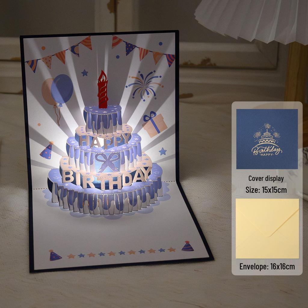 3D Stereoscopic Music Light Greeting Card: Foldable Cake & Blessing Message for Happy Birthday Gift