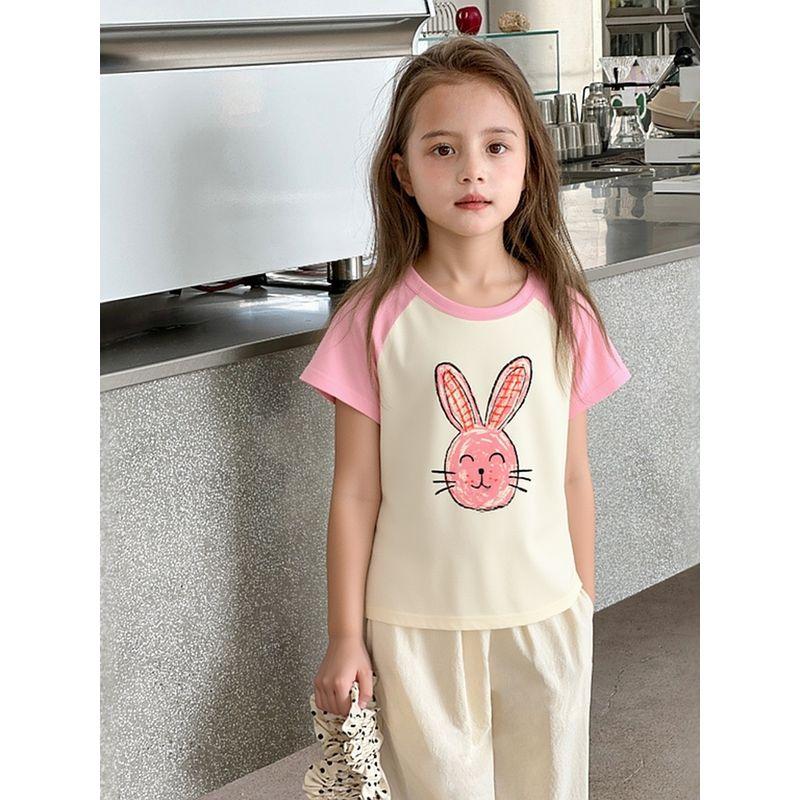 Brand Children's Clothing 2026 Summer New Style Girls' Short-Sleeved Tops Korean Style Cartoon Rabbit Pure Cotton T-Shirt Baby Clothes