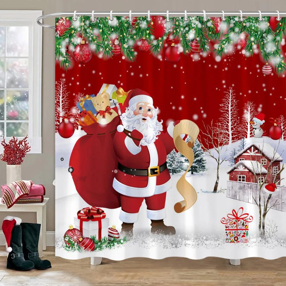 Christmas Elf Shower Curtain Rug Bathroom Set Snowman Fawn Xmas Gift Happy New Year Shower Curtain Set Bathroom Decoration