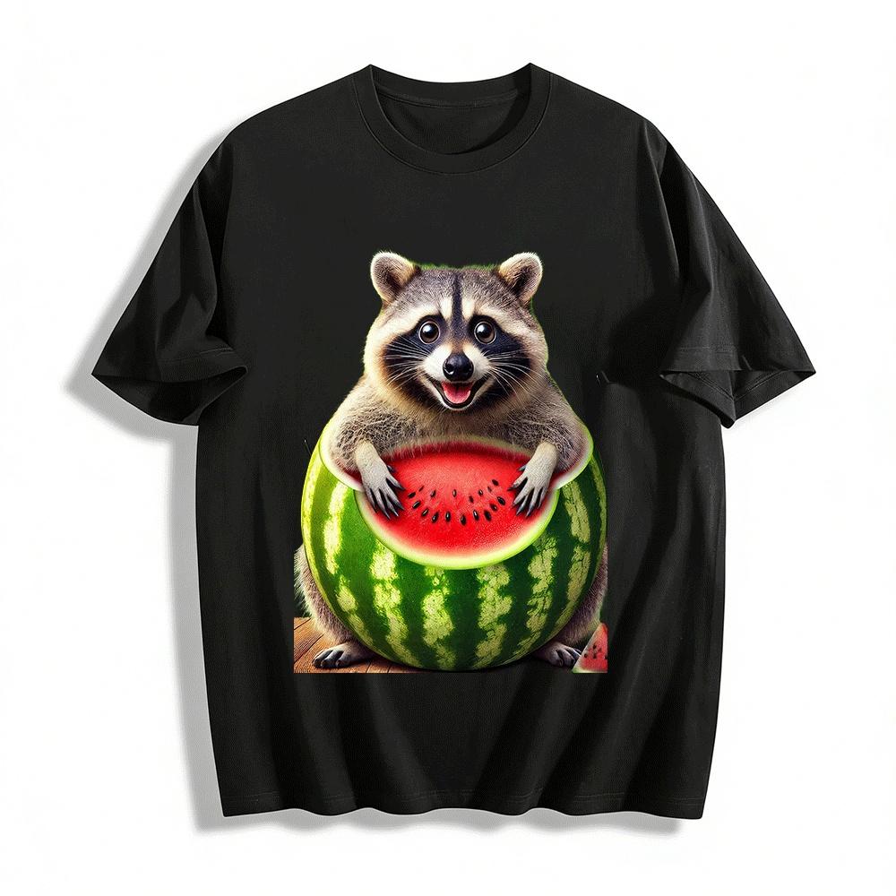 Cute Raccoon With Watermelon Graphic Casual Short Sleeve T-Shirt Pure cotton T-shirt XXS