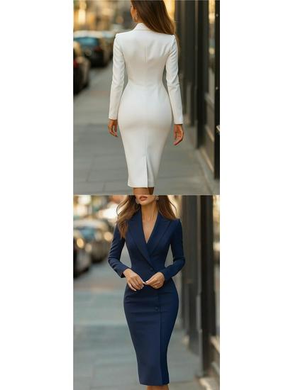 Robe Longue Costume Ajustée pour Femmes Européennes et Américaines 2026, Couleur Unie, Manches Longues et Revers Simple Boutonnage