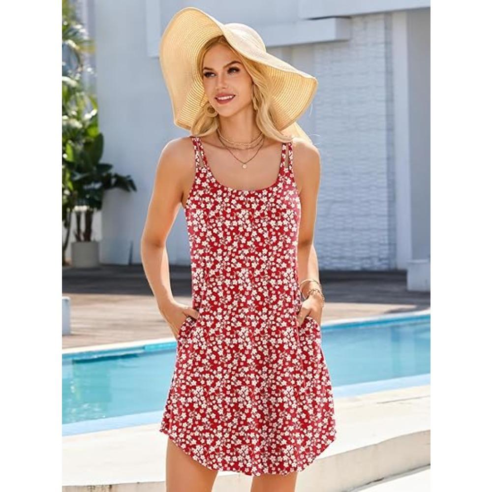 CHARMLEAKS Womens Summer Dresses with Built in Bra Double Spaghetti Strap Beach Dress Scoop Neck Sundresses with Pockets